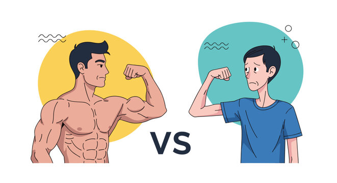 Side-by-side comparison of a muscular bodybuilder and a thin man flexing their biceps to show fitness progress and body transformation.