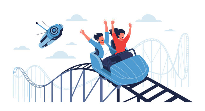 Excited young man and woman sitting in a roller coaster car with their hands up in the air during a fast drop.