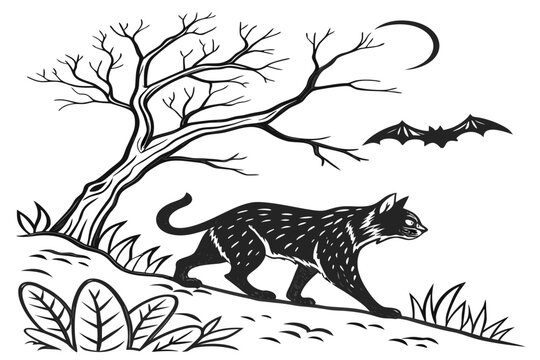 coloring page line art the halloween bobcat animal black vector
