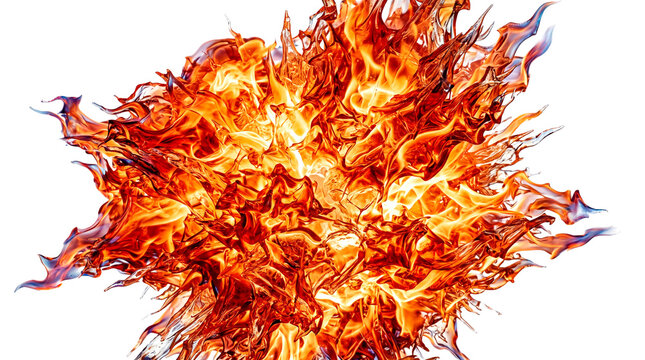 Explosi&oacute;n de fuego hiperrealista aislada sobre fondo blanco, ideal para efectos visuales, publicidad y composiciones. PNG Tranparente