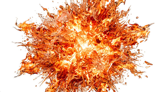 Explosi&oacute;n de fuego hiperrealista aislada sobre fondo blanco, ideal para efectos visuales, publicidad y composiciones. PNG Tranparente