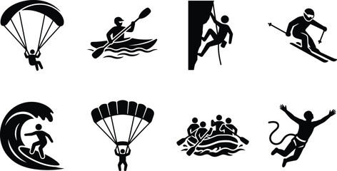 Extreme Sports And Outdoor Adventure Activity Silhouette Vector Icon Set For Action Tourism Graphic Designs © Taijul