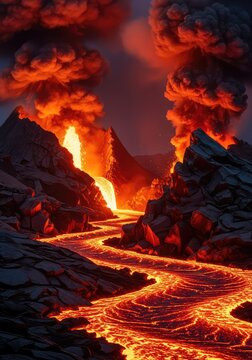 An expansive landscape of a subterranean inferno featuring rivers of molten lava, jagged obsidian peaks, and thick clouds of acrid smoke, fantasy, glowing, chasm