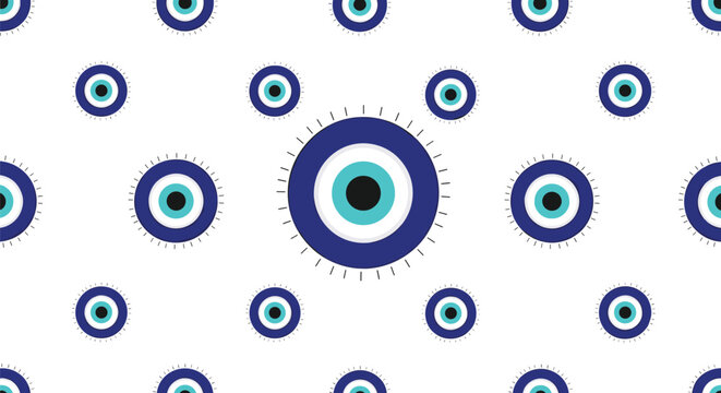Seamless pattern of blue evil eye charms on a white background, a traditional symbol of protection and good luck in many cultures.