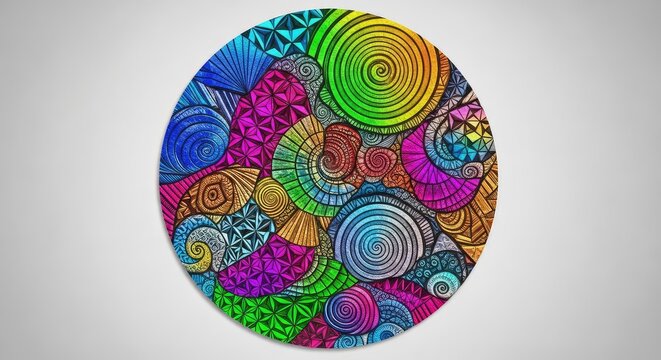An intricate circular design featuring various textures, geometric patterns, and vibrant gradients set against a clean, neutral background, element, design, texture