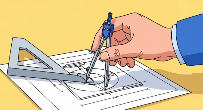 Architect using compass and triangle ruler on technical drawing