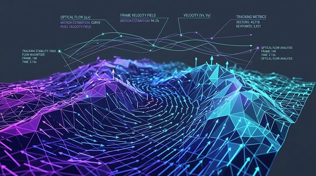 Abstract 3d digital terrain map with optical flow analysis data visualization and motion estimation vectors transparent background