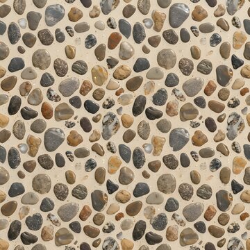 Seamless pattern with colorful smooth round pebbles and river stones on a light gray background