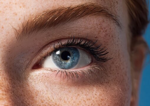 Detailed extreme close up of a person eye with visible freckles on skin and blue iris freckles macrography ophthalmology perception expression observant watchful dermatology