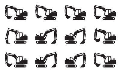 Heavy excavator machinery icons set showing different arm positions and shovel movements. © Tanvir
