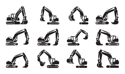 Detailed excavator silhouettes set showing versatile movement for construction projects. © Tanvir