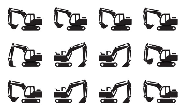 Heavy excavator machinery icons set showing different arm positions and shovel movements.