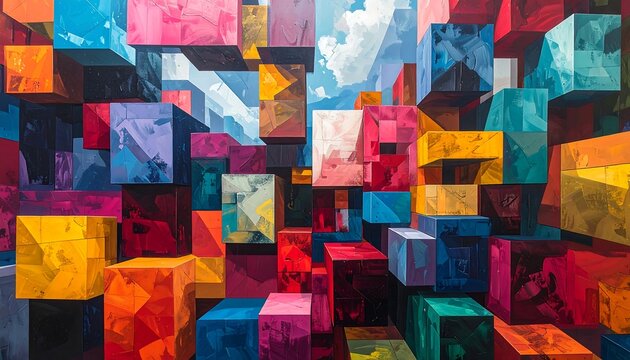 A vibrant abstract artwork featuring a multitude of colorful geometric blocks
