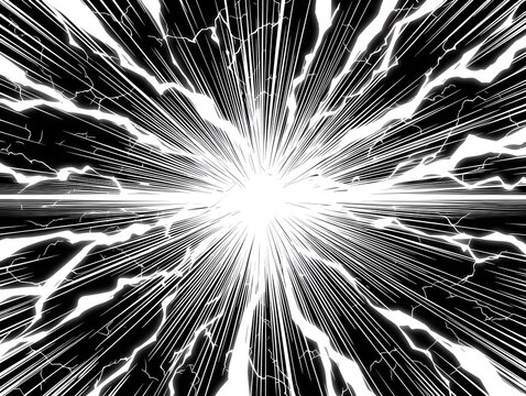 黒背景の中央から強烈な白い閃光とスピード集中線が広がり、激しい稲妻（サンダーボルト）のエフェクトが四方に走る、圧倒的な大迫力と躍動感のある漫画風の横型エフェクト背景素材