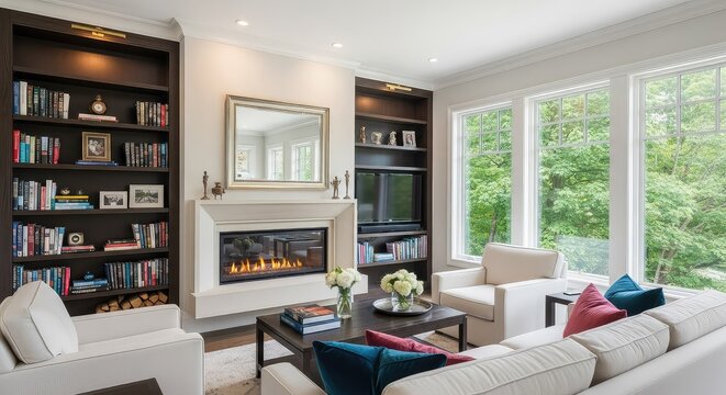 Elegante soggiorno luminoso con grande camino moderno, scaffali pieni di libri e ampie finestre che offrono una vista panoramica naturale, moderno, decorazione, interno