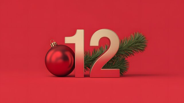 Number twelve with red christmas ornament ball and pine branch on red background
