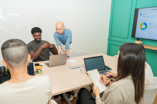 Team Works on Project Ideas During Meeting in Modern Office Space