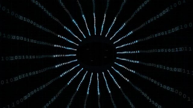 Abstract digital binary code streaming in a circular tunnel motion on a dark background