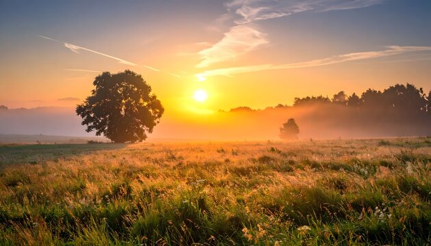 Golden sunset over dry grassland with trees silhouette.