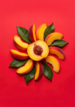 Freshly cut peach slices with lush green leaves arranged artfully on a vibrant red backdrop, showcasing juicy texture and vivid colors, sweet, nutrition, food