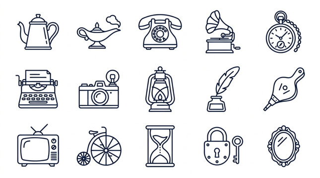Vintage and retro objects line art illustration set.