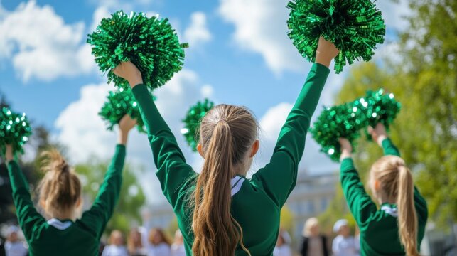 Close up of cheerful girls pom poms held by cheerleaders performing during a sports match