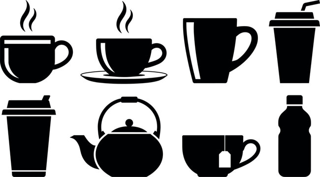 Hot Beverage Icon Set Featuring Teapot Ceramic Cups Mugs with Teabags Disposable Takeaway Coffee Cups and Plastic Water Bottle Black Silhouette Vector Graphics