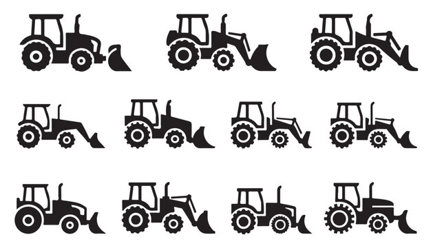 Tractor loader vector set showing different bucket positions and machine configurations.