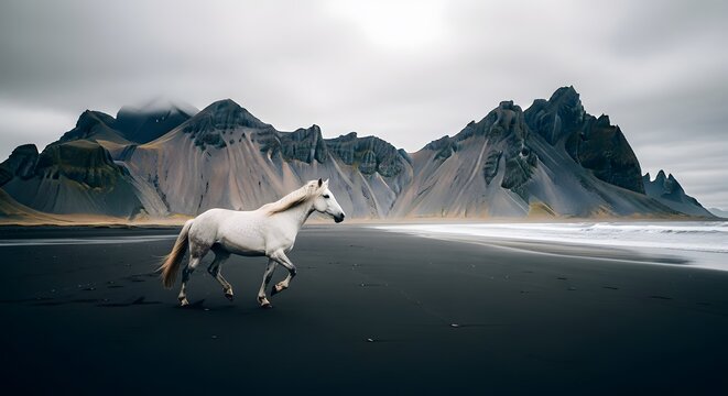 Beautiful white horse running on a black sand beach with large mountains in the background