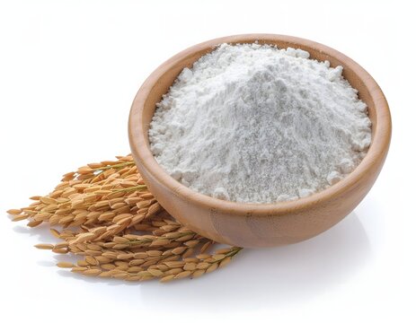 Wooden bowl filled with white rice grains.