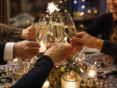 Ansto&szlig; mit Sektgl&auml;sern an einer festlich gedeckten Tafel zu Silvester in Deutschland, warmes Kerzenlicht, funkelnde Deko und stimmungsvolle Bokeh-Lichter im Hintergrund.
