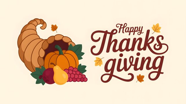 Happy thanksgiving greeting with a cornucopia horn of plenty filled with harvest fruits and vegetables