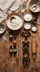 Fototapeta premium Top view of Halloween baking ingredients on wood table, flour bowl, food colors, spooky cookie cutters, rolling pin, whisk, rustic, kitchen, autumn.