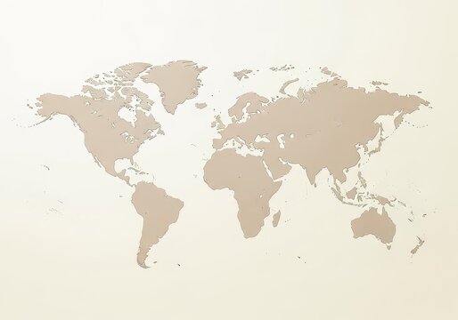 Minimalist world map display with pale beige continents set against a cream background, offering a soft and professional look for designs, bright, ocean, travel