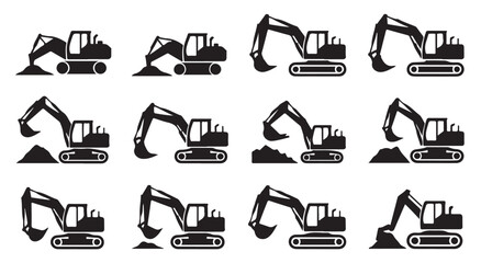 Excavator machinery silhouette icons set, digger construction vehicles vector collection. © Tanvir