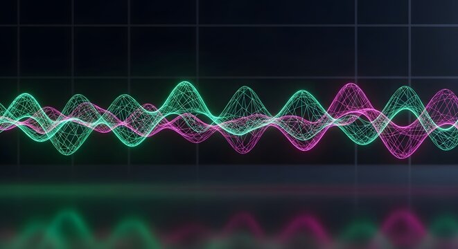 Abstract digital sound waves with colorful glowing lines on a dark background