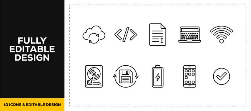 flat vector illustration line art icon bundle set design representing cloud computing database tech files web programming online learning and internet network UI app