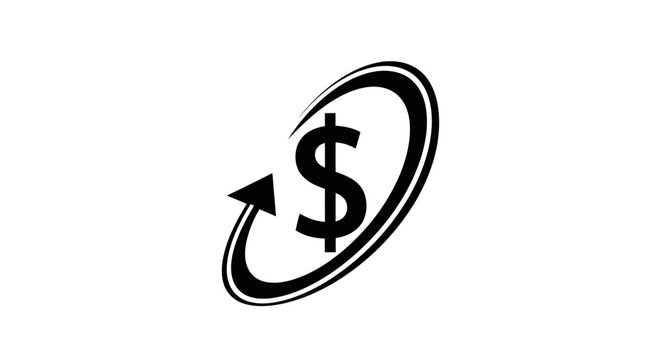A black and white graphic illustration of a dollar sign enclosed within an oval shape with an arrow indicating rotation or return.