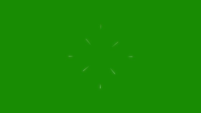 Celebration firework circle burst cartoon animation with white line, flat, vector explosions motion effects, and glowing geometric spark blast on transparent green background in 4k loop video