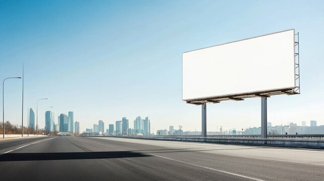 Large blank white billboard mockup standing next to an empty highway with a city skyline backdrop