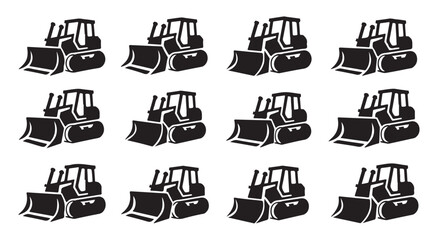 Bulldozer machinery silhouette icons set, heavy construction vehicles vector collection. © Tanvir