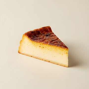 Slice of traditional golden brown basque burnt cheesecake on a clean cream background