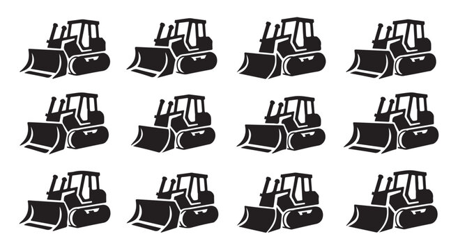 Bulldozer machinery silhouette icons set, heavy construction vehicles vector collection.
