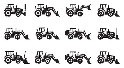 Tractor and excavator machinery silhouette icons set, farm and construction vehicles. © Tanvir