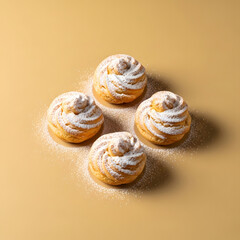 Fototapeta premium High angle view of four decorative cream pastries arranged on a warm gold backdrop