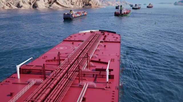 Oil tanker deck reveal of ships in narrow coastal strait