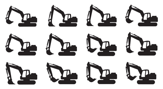 Excavator silhouettes collection industrial construction machinery vector set.