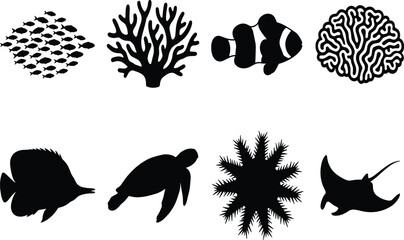 Black sea life silhouettes set featuring tropical fish coral reef clownfish sea turtle stingray and ocean animals isolated on white background © MdFarhad