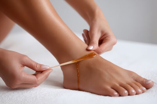 Professional sugaring hair removal on a woman's ankle with sugaring epilation treatment cosmetic professional procedure wellness bodycare depilation dermatology grooming application