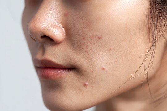 Close-up of young woman face with acne breakout and skin texture self care dermatology skincare close-up portrait complexion inflammation treatment clinical dermatological condition